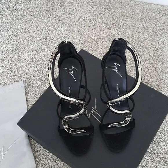 Giuseppe Zanotti Black Suede Venere Crystal Open Toe Heel Stiletto Alien Sandal - Picture 7 of 15